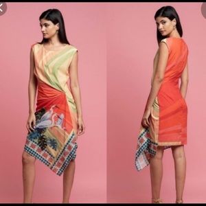 Anthropologie Eva Franco Vibrant Bird Dress Silky Ruched Side size 0